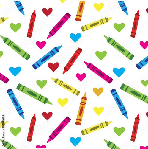 Cute Crayons seamless pattern in red, orange, yellow, pink, green and blue with hearts in different colors. vectors. For back to school, posters, textile, gifts and wrapping papers
