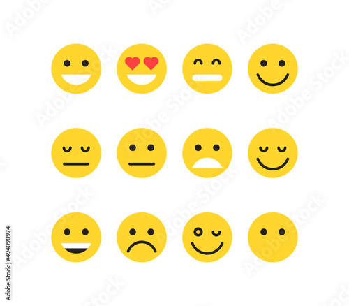Simple emotion different faces and yellow cartoon emoji flat vector illustration.
