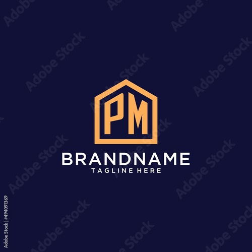 Initial PM logo with abstract home shape, modern minimalist realty logo design ideas