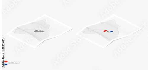 Set of two realistic map of Paraguay with shadow. The flag and map of Paraguay in isometric style.