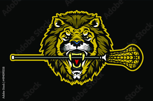 angry lion mascot biting lacrosse stick for school, college or league