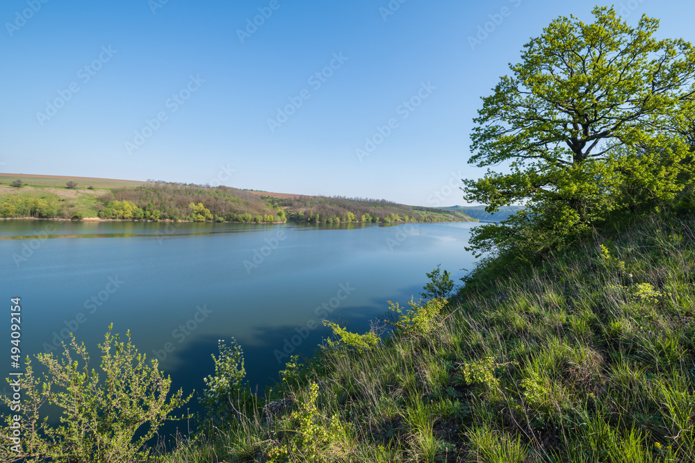 Amazing spring view on the Dnister River Canyon with picturesque rocks, fields, flowers. This place named Shyshkovi Gorby,  Nahoriany, Chernivtsi region, Ukraine.