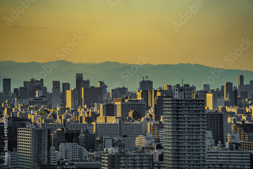 夕暮れに照らされた東京の町並み