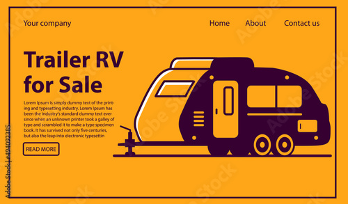 Rv camper trailer purchase.Truck camper sale.Travel trailers.Motorhome caravan car.Website banner concept.Line art vector illustration.