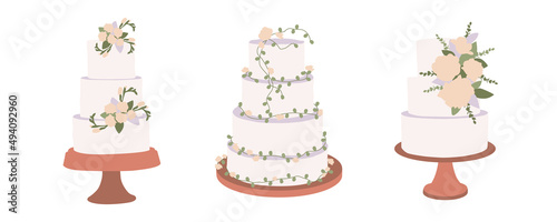 Set of modern wedding cake with flowers and leaves, botanical decoration. Contemporary birthday delicious confectionery. Boho bridal wedding arrangements decor. Hand drawn flat vector illustration