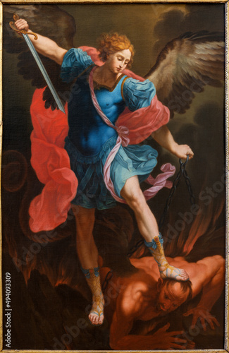 MATERA, ITALY - MARCH 7, 2022: The painting of St. Michael archangel in the church Chiesa di Santa Chiara after Chido Reni (18. cent.).