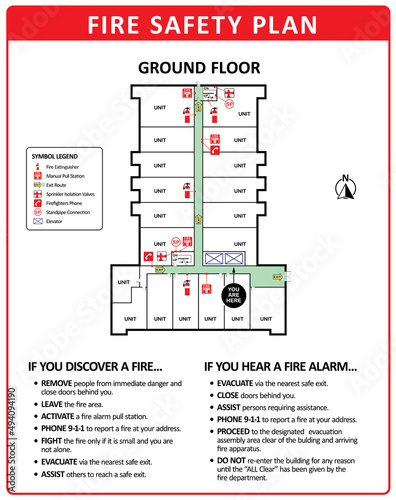 Fire emergency plan of building ground floor. Also known as emergency plan or egress plan. Detailed text instruction of procedures and emergency equipment locations for residents and fire department. photo