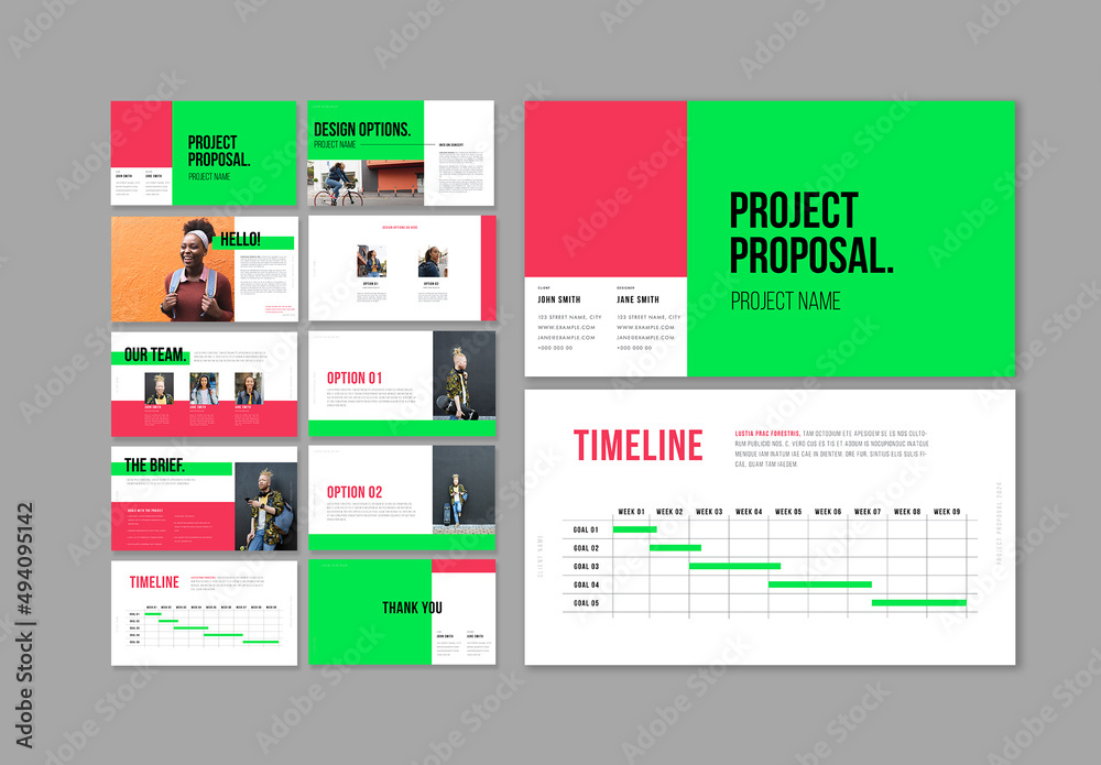 Vibrant Green and Pink Pitch Deck Layout Stock Template | Adobe Stock