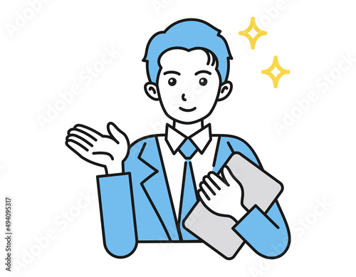 案内・説明をする男性　ビジネスパーソン　白背景にベクターの人物イラスト
