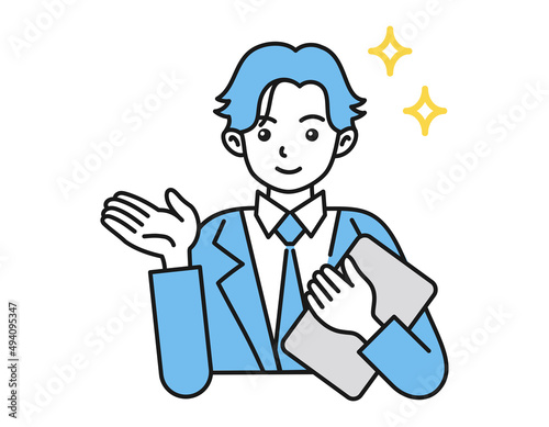 案内・説明をする男性　ビジネスパーソン　白背景にベクターの人物イラスト