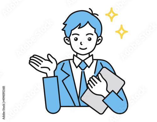案内・説明をする男性　ビジネスパーソン　白背景にベクターの人物イラスト