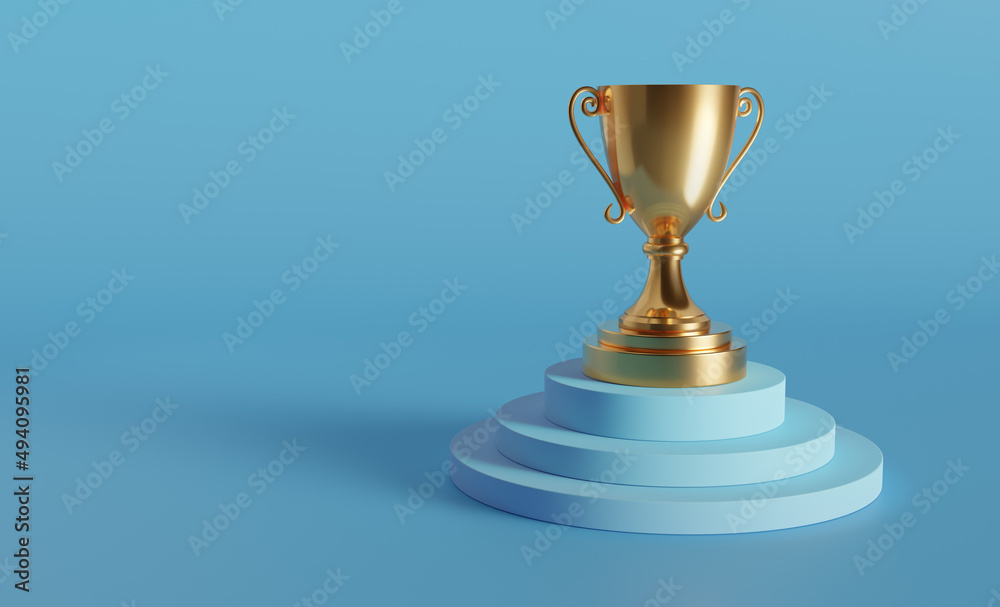 Gold trophy design on top of stairway. First prize honor. 3D render. Isolated on blue background. Gold trophy design on top of stairway. First prize honor. 3D render. Isolated on blue background.