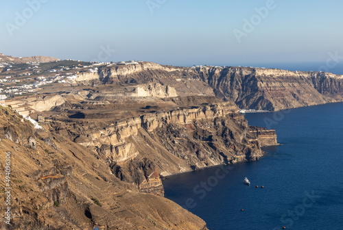 Panoramic view of the Santorini caldera cliffs from the Imerovigli village on Santorini island, Greece