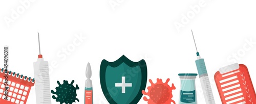 Vector banner with items for vaccination against covid-19, coronavirus vaccine, vaccine development. Syringe, injection, medications, vitamins, calendar, planning. Use advertising, background, poster.