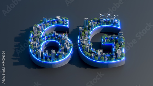 6G new generation networks, High-speed mobile Internet. 3D render of 6G with commercial building in blue light. photo