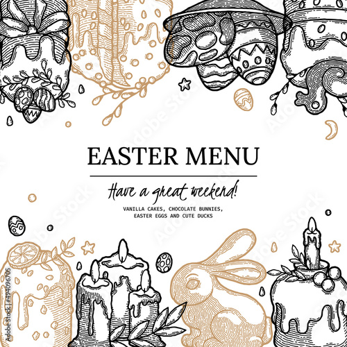 Easter Cake and Pastry banner. Hand drawn Bakery, Kulich, Chocolate Bunny, Colored Eggs design in color. Homemade summer dessert recipe book template. Ilustration for Food Delivery, Cafe Menu, Recipe