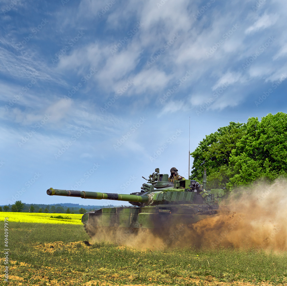 Army tank T72M4 CZ, modified and modernized Russian tank at full speed