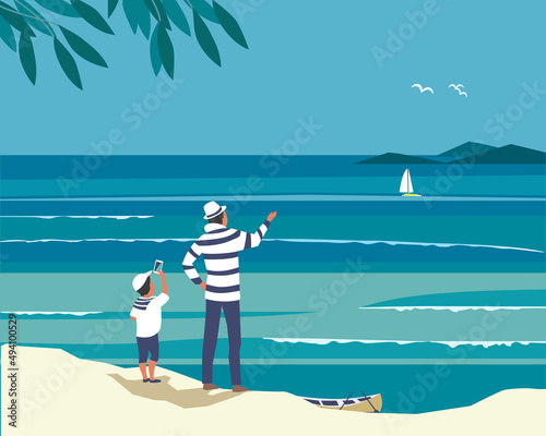 Dad, Son watching sea life scenic view. Happy Fathers day concept. Father, kid boy travel together vector. Family active leisure on sea beach cartoon illustration. Seaside coast landscape background