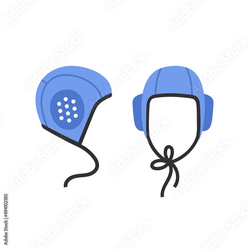 Swimming cap. Side and front view. For water polo, underwater rugby, football and hockey players. Water sports equipment. Swimming pool and sport concept. Vector illustration.