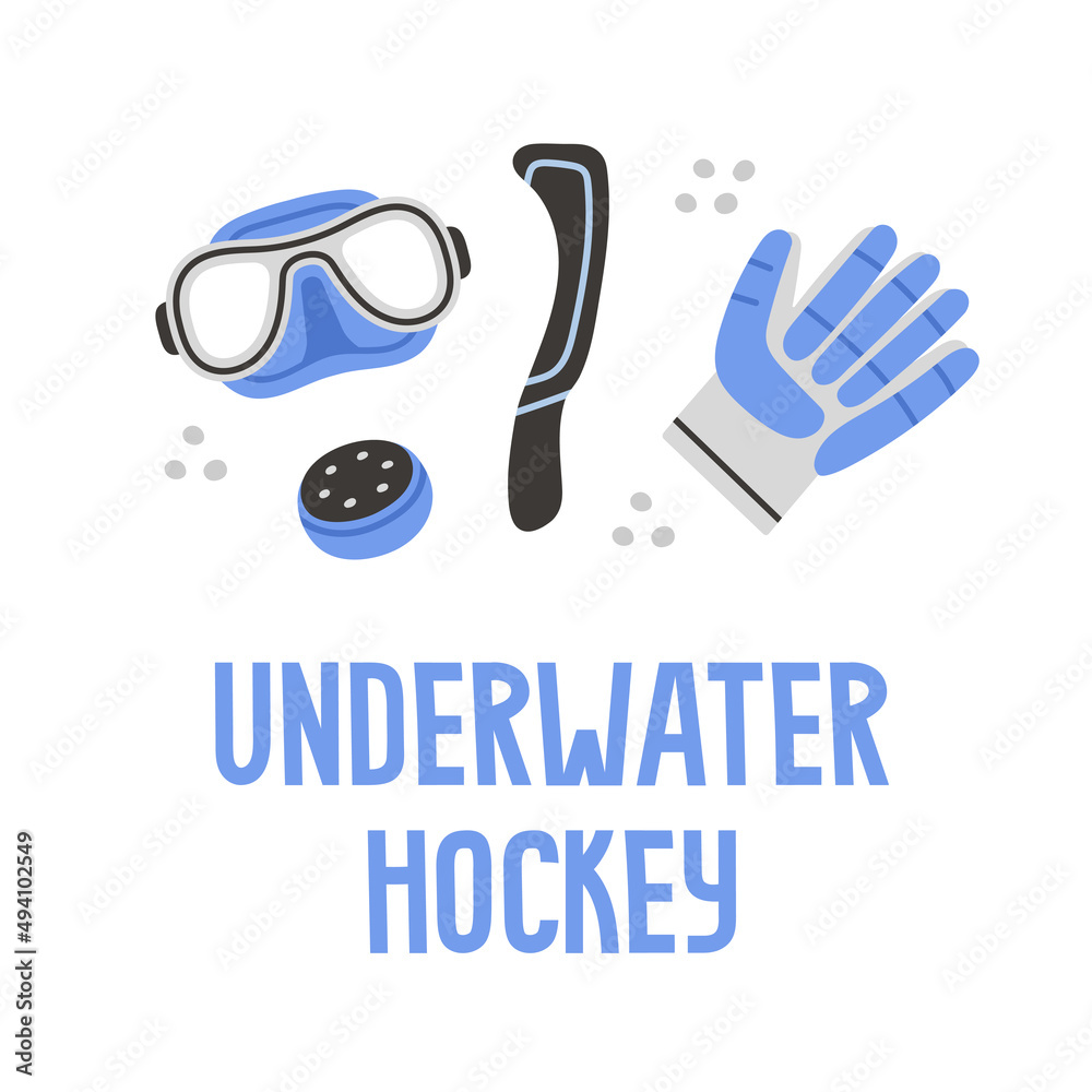 Underwater hockey equipment. Mask, hydro puck, hydro range hard plastic stick, glove. Vector illustration with hand draw lettering and attributes of this sport. Water sports and swimming pool concept Underwater hockey equipment. Mask, hydro puck, hydro range hard plastic stick, glove. Vector illustration with hand draw lettering and attributes of this sport. Water sports and swimming pool concept