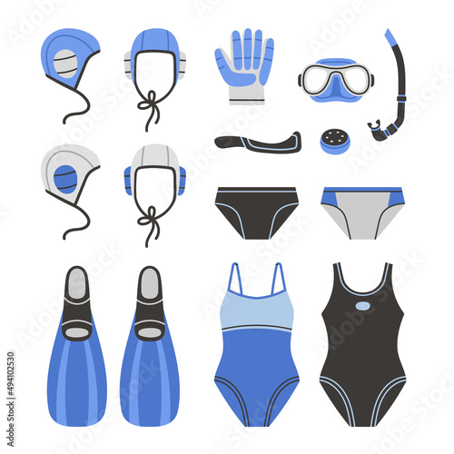 Equipment for underwater hockey in different colors. Set with swimsuits, swimming trunks, caps, stick, mask, glove etc. Swimming pool and water sports concept. Isolated flat vector illustration.