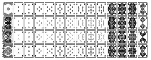 Deck of poker playing cards. Monochrome oriental fairy tale style. Full deck with isolated cards on white background.