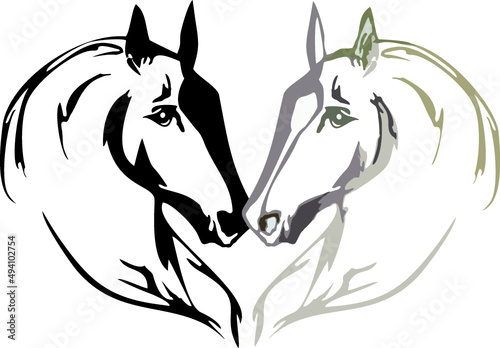 Two horse head in heart form on white for your design. Heart-shaped horse heads for emblems, logos, interior solutions, business ideas, textiles, tattoos, prints, fashion, fabric, wallpaper, etc.