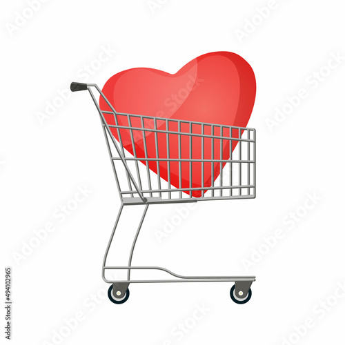 Vector isolated illustration with grocery cart with heart shape inside. Concept of symbolism of favorite purchases, Valentine s Day gifts, love purchases.