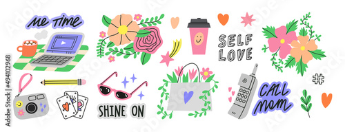 Self love stickers set with floral motifs. Include illustrations of simple everyday things like laptop, photo camera, coffee, phone calls etc. This cute vector pack is full of everyday magic.