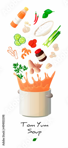 Vector illustration with a pot into which the ingredients of tom yum soup fall. Concept of the recipe for Thai soup tom yam.