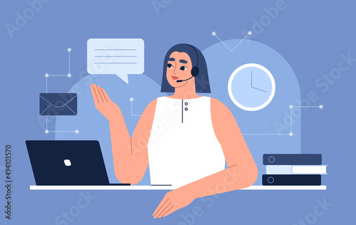 Customer service, call center, sales rep. Helpdesk operator with a laptop, technical support agent talking in headset. Contact us concept. Isolated flat vector illustration