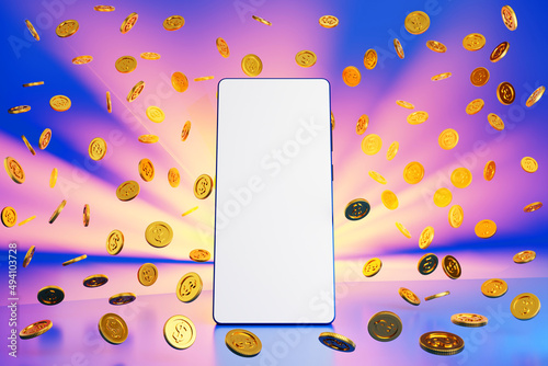 Smartphone with coin explode behind the scene, for advertising online business, 3d render.