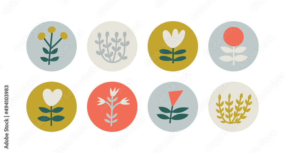Set of icons with flowers and plants made of simple shapes. Can be used as social media covers, icons or stickers. Scandinavian style in modern colors. Hand drawn vector illustration. Set of icons with flowers and plants made of simple shapes. Can be used as social media covers, icons or stickers. Scandinavian style in modern colors. Hand drawn vector illustration.