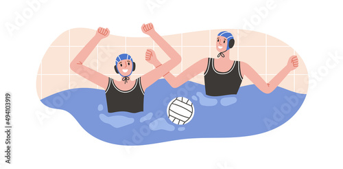 Vector illustration of water polo players rejoicing in victory. Young swimmers in caps. Game, competition in swimming pool. Water polo, swimming and water sports concept. Vector illustration.
