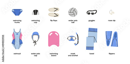 Equipment for water sports with text information. Isolated flat vector illustration with. Set with swimsuits, swimming trunks, caps and balls for swimmers. Swimming pool and sport shopping concept. photo