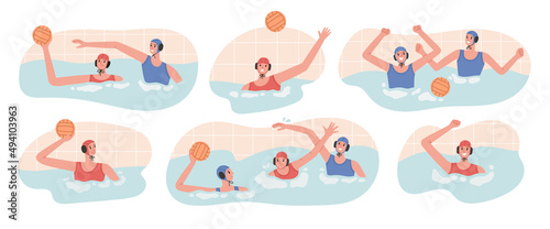 Big set with vector illustrations of water polo players in action. Young swimmers. Game process, victory moments in swimming pool. Water polo, swimming and water sports concept. Vector illustration.