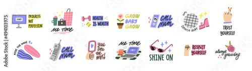 Stickers set. Inspirational design and motivating phrases in trendy colors. 
Quotes about motivation, support, self development, acceptance and love. Vector illustrations isolated on white background.