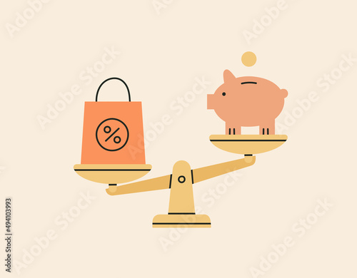 Scales with financial symbols.Good choice - investment in housing instead of rash purchases. Self budget and economy. Income, savings, deposit, analysis, finance planning. Hand drawn illustration