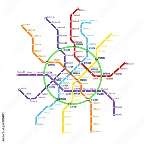 Metro, subway, underground transport system vector map. Railway transport line plan with metro stations, colorful network of train routes and tube tunnels, subway city map, scheme or diagram template