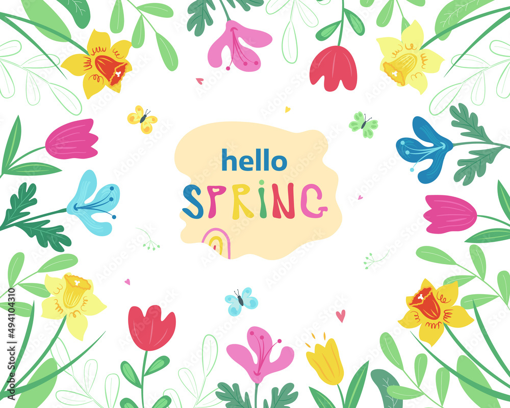 A sketch of the Hello Spring hand logo, a printing house icon. The inscription of the spring season with a greeting card sheet, an invitation template, a banner. Flowers in boho style, naive hand-draw