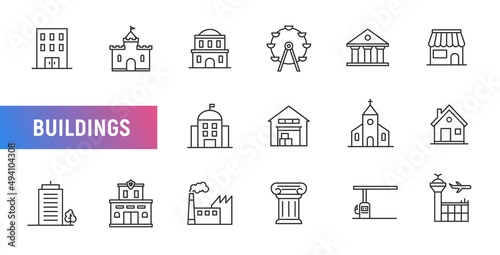 Vector building line icon set residential business town hotel urban apartment. Home architecture build symbol