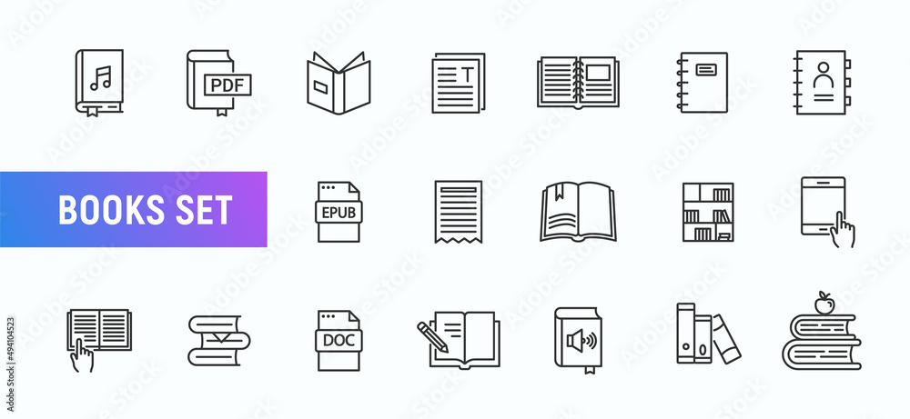 Book line diary vector icon set. Library line bookmark open book document file collection audiobook illustration textbook Book line diary vector icon set. Library line bookmark open book document file collection audiobook illustration textbook