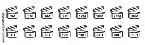 Pao icons. Period after open expiration period symbols or pictograms. Cosmetics product lifespan vector labels, best use before symbol or freshness months period opened jars signs