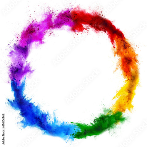 colorful rainbow holi paint color powder explosion ring circle with copy space isolated on white background. peace rgb beautiful party concept