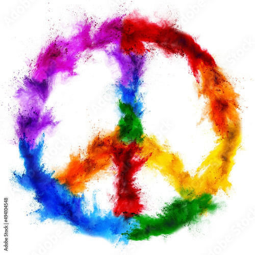 colorful rainbow holi paint color powder peace no war symbol isolated white background. peace rgb beautiful party concept photo