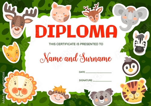 Funny cartoon animals kids diploma. Vector certificate with cute elephant, pig, tiger and monkey, koala or lion with penguin in jungle. Education kindergarten graduation award frame template design