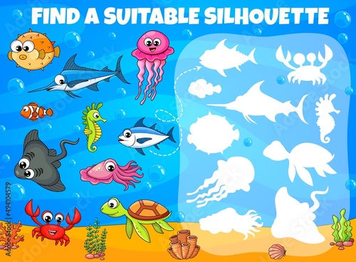 Find a suitable silhouette of cartoon funny underwater animals and fish kids game worksheet. Vector quiz puzzle of ocean and sea animals education. Matching game with crab, sea turtle and clownfish