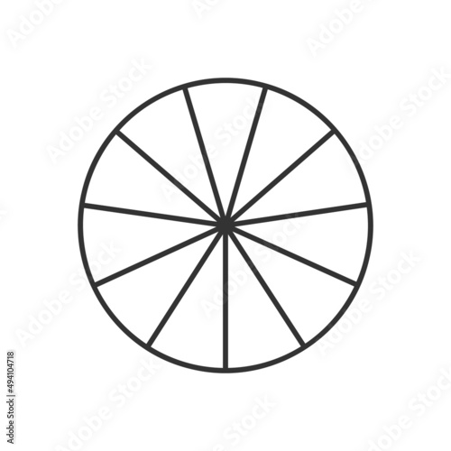 Circle divided in 11 segments. Pie or pizza round shape cut in eleven equal slices in outline style. Simple business chart template isolated on white background. Vector linear illustration