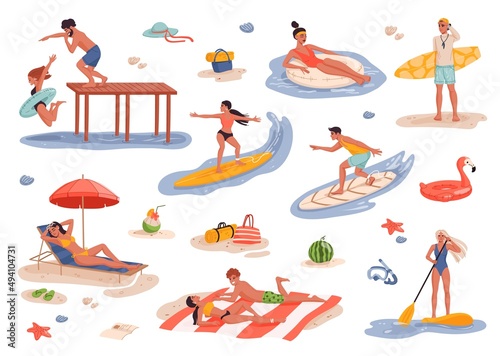 Peoples on summer beach vacation. Flat style personages of young man and woman relaxing on beach, jumping from pier. Vacation activities vector scenes with swimming, SUP surfing in ocean peoples