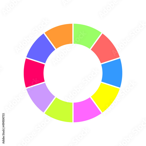 Donut chart. Colorful circle diagram divided into 10 parts. Infographic wheel icon. Round shape cut in ten equal segments isolated on white background. Vector flat illustration